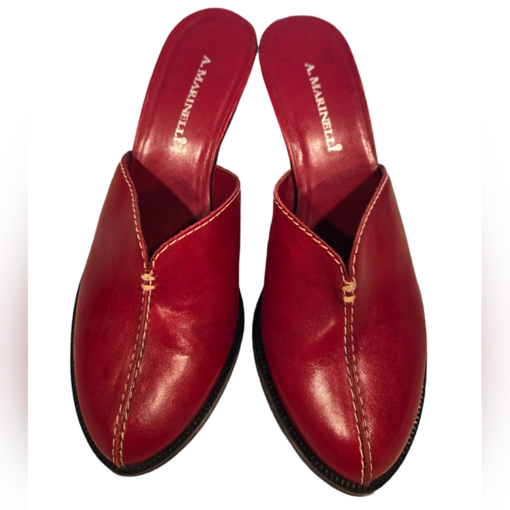 Kitten Heels Marinelli Deep Red Leather Slings Slide On 3in. Heels Size 8 Shoes